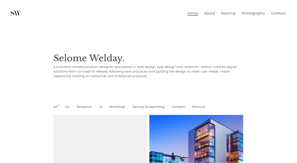 Página inicial do site de Selome Welday
