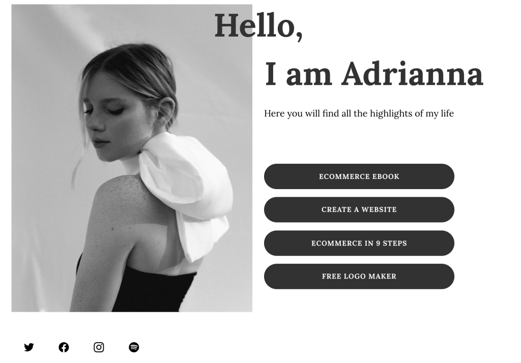 Site com tema para criador de conteúdo, com imagem de uma mulher, título e 4 botões