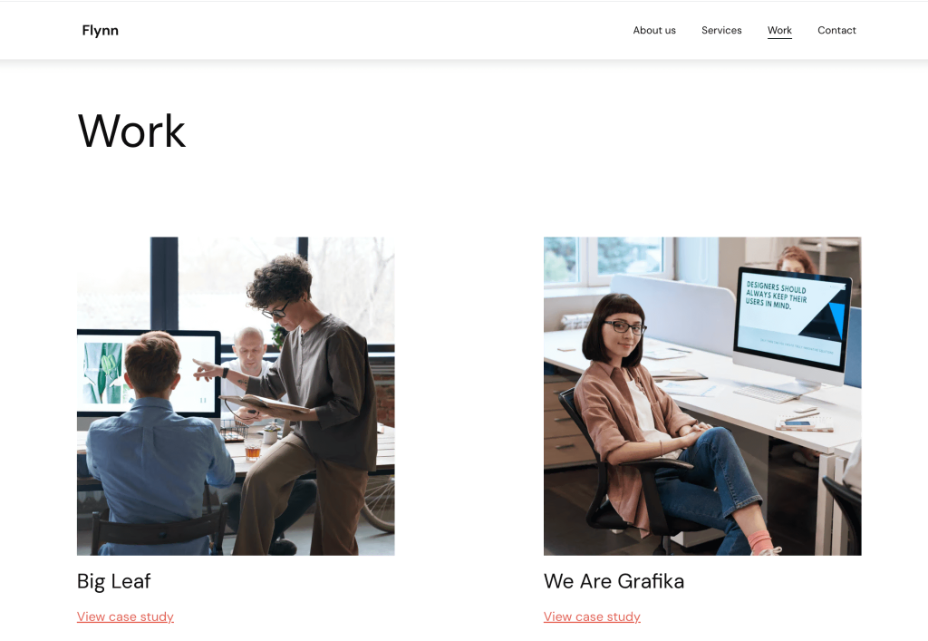 página sobre o trabalho dos criadores de conteúdo, com duas imagens de profissionais em suas mesas.