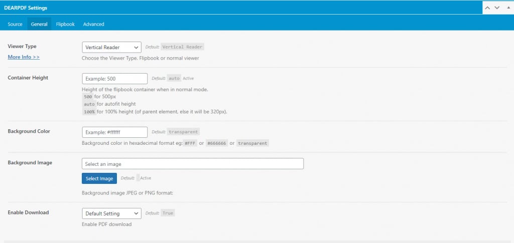 página de configurações do plugin dearpdf