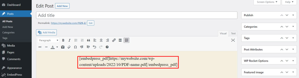 colando shortcode do embedpress no editor clássico do wordpress