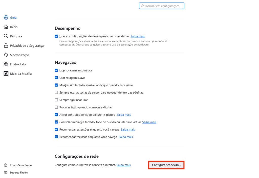 Configurações de conexão do Firefox
